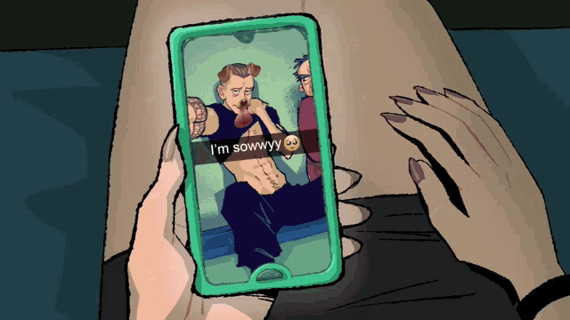 a person holding a cell phone that says i 'm sowwyy on the screen