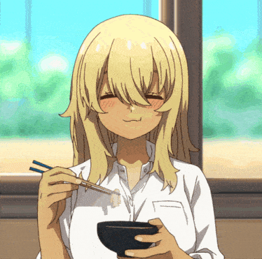 a blonde anime girl is holding a bowl of food with chopsticks