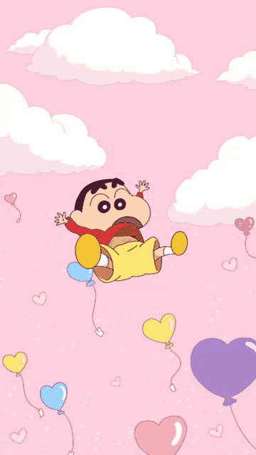 a cartoon character is flying through the air surrounded by balloons in the shape of hearts