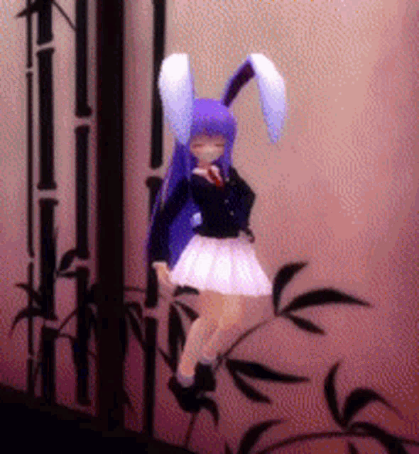 a girl with purple hair and white bunny ears is sitting on a plant