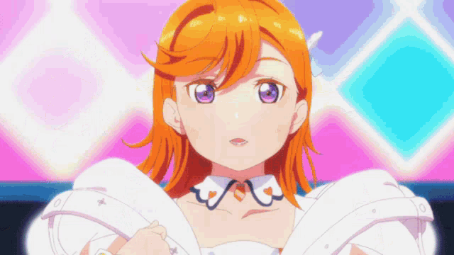 an anime girl with orange hair and purple eyes is wearing a white dress