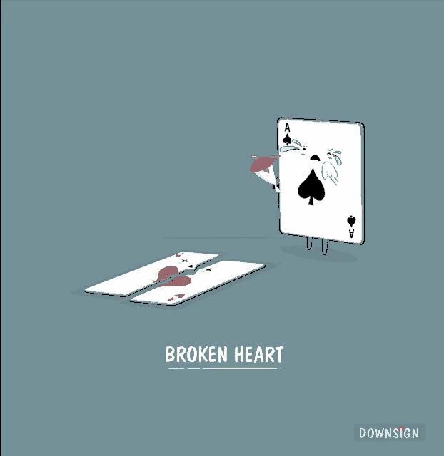 a cartoon of a broken heart with a spade card