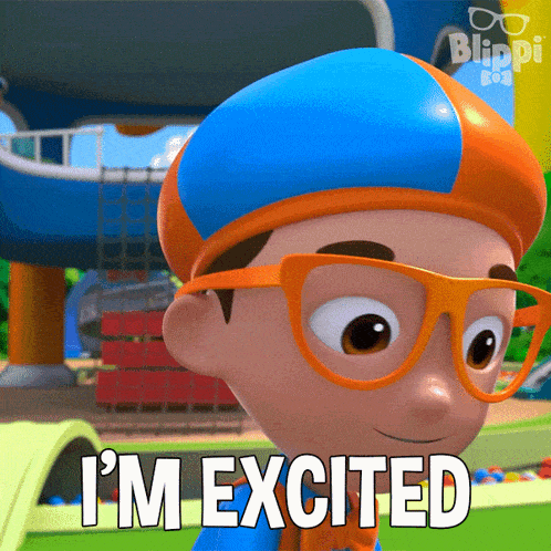 a cartoon character says i 'm excited in front of a bouncy house