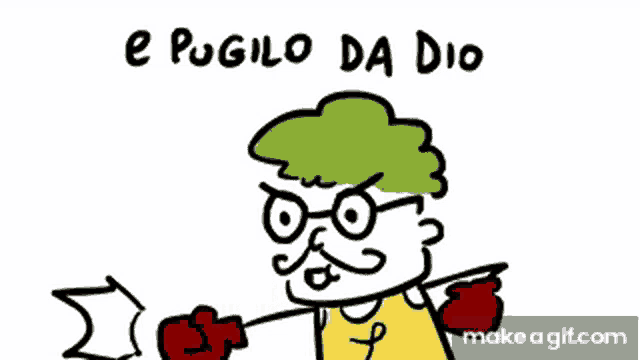 a cartoon of a man with glasses and a green haircut with the words e pugilo da dio written above him .