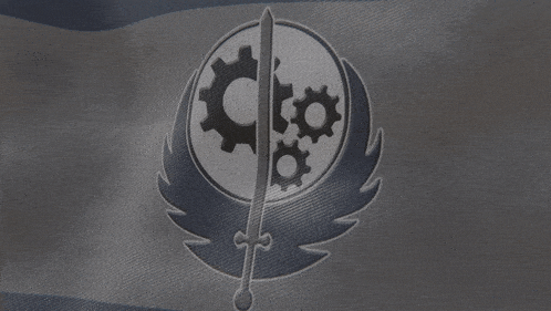 a black and white emblem with gears and a sword in the center