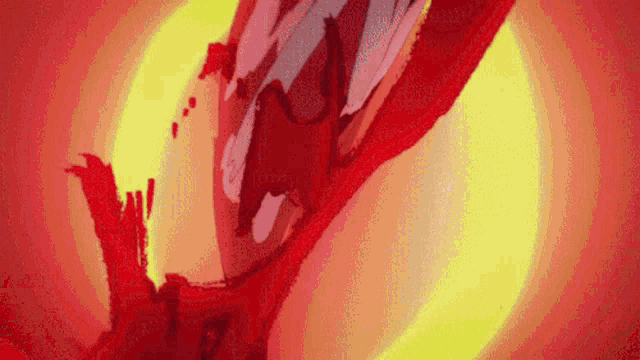 a close up of a person holding a red sword in a red and yellow background .