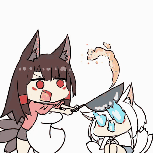 a cartoon of a girl holding a pan next to a cartoon of a girl holding a pan .
