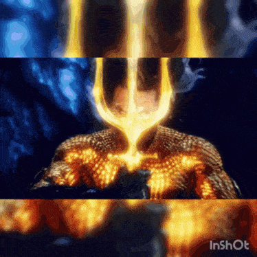 a man with a trident on his head is surrounded by flames and smoke