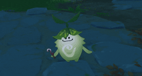 a cartoon character with a leaf on his head and a candy cane in his hand