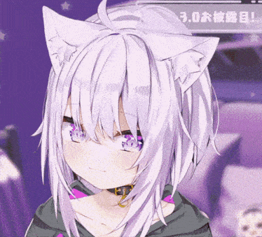 a girl with white hair and cat ears is smiling in front of a sign that says 3.0 on it