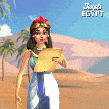 a cartoon of a woman holding a piece of paper with jewels of egypt written on the bottom right