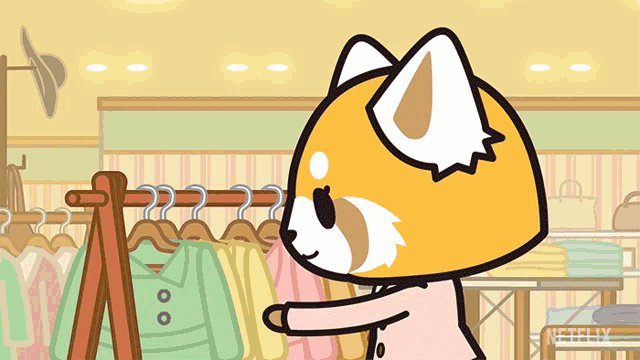 a cartoon of a raccoon standing in front of a rack of clothes with a netflix logo in the background