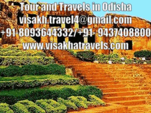 an ad for tour and travels in odisha with a picture of a staircase