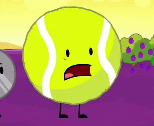 a cartoon drawing of a tennis ball with a surprised look on its face