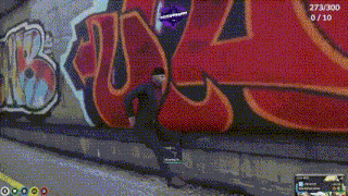 a man is walking down a street next to a wall with graffiti on it that says ' sss '