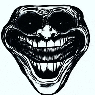 a black and white drawing of a creepy troll face with a big smile and black eyes .