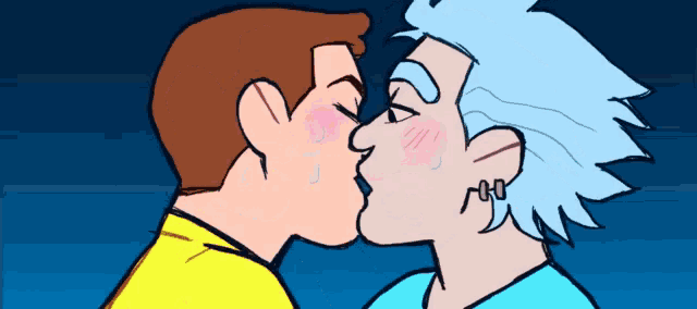 rick and morty are kissing in a pixelated cartoon