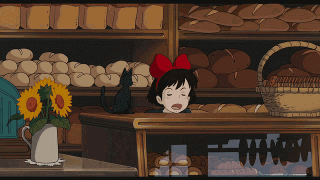 a cartoon drawing of a girl with a red bow on her head