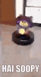 a robot vacuum cleaner is cleaning the floor in a room with the words `` hai soopy '' written on it .