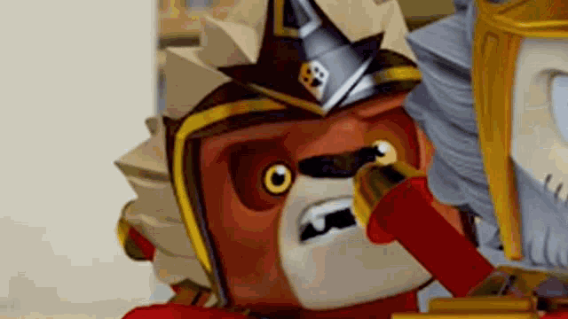 a close up of a cartoon character wearing a helmet and holding a gun .