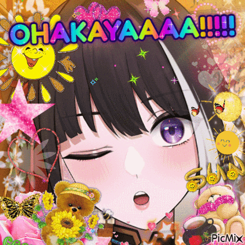 a girl with purple eyes is surrounded by stuffed animals and the words ohakayaaa !!!