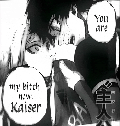 a black and white drawing of a man and a woman kissing with the words " my bitch now kaiser "