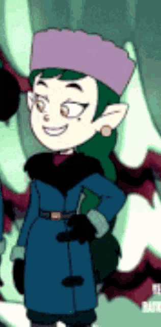 a cartoon character with green hair and a purple hat