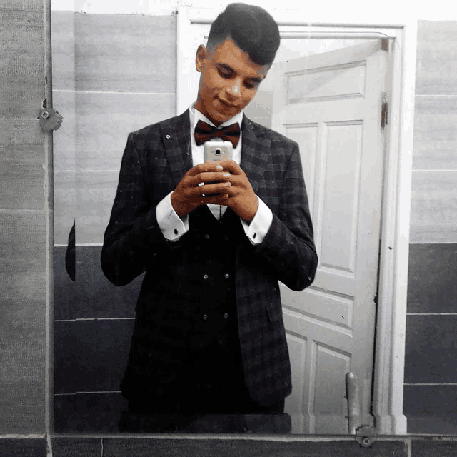 a man in a suit and bow tie is taking a picture of himself in the mirror
