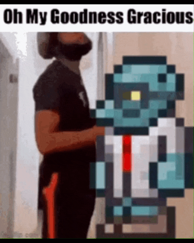 a man with a beard is standing next to a pixel art of a man in a suit .