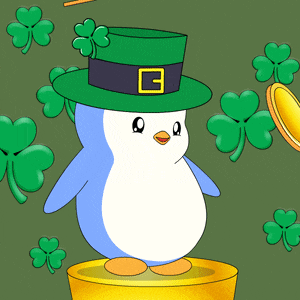 a penguin wearing a green hat and a gold coin