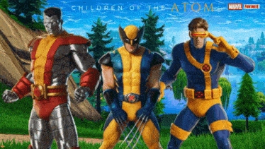 a poster for children of the atom shows colossus wolverine and cyclops standing next to each other