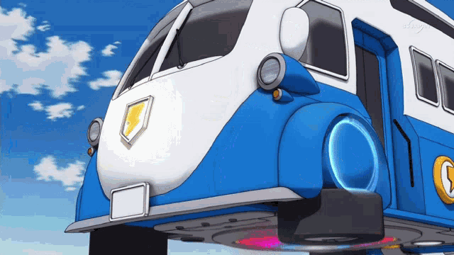 a blue and white vehicle with the letter s on it