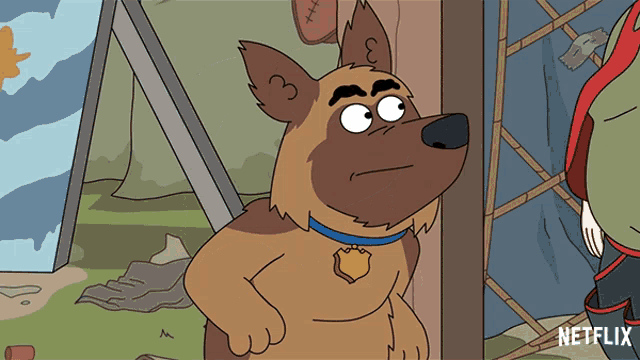 a cartoon dog with a blue collar and a badge that says netflix