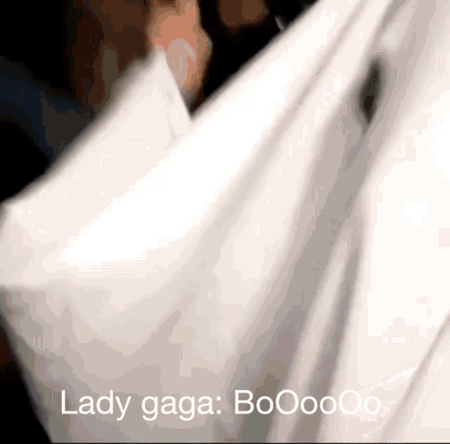 a blurred image of a person holding a white cloth with the words lady gaga written on it