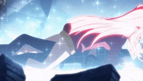 a girl with pink hair is laying on a blue surface