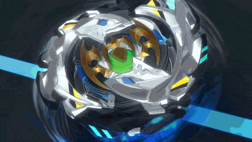 a spinning object with a green center is surrounded by blue and yellow lines