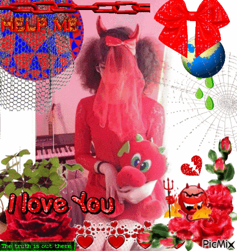 a picture of a woman dressed as a devil holding a stuffed animal with the words i love you at the bottom