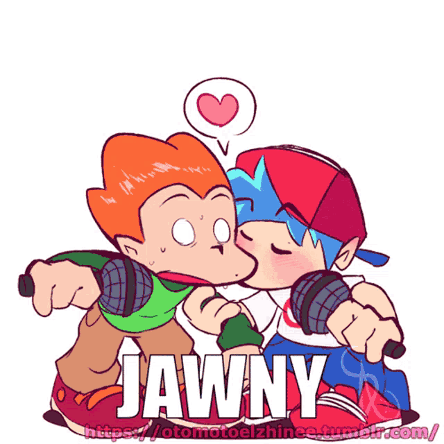 a cartoon of two boys kissing with the word jawny written below them