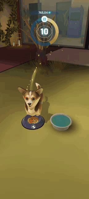 a dog is standing next to a bowl of food and the number 10 is visible