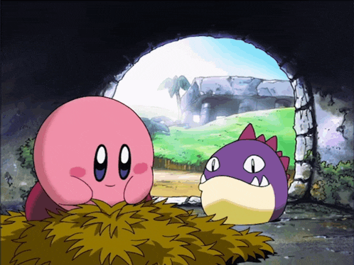 a pink cartoon character and a purple cartoon character are standing next to each other in a tunnel