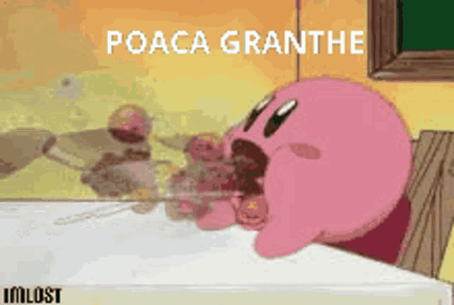 a pink cartoon character is sitting at a table with the words poaca granthe above him