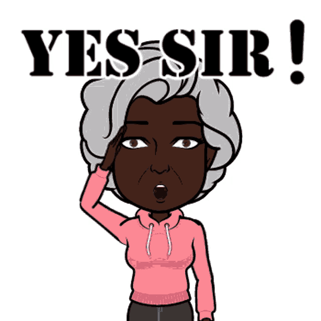 a cartoon drawing of an elderly woman with gray hair saying yes sir