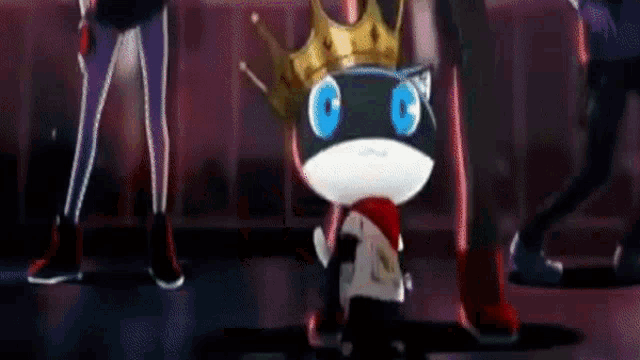 a cartoon cat with a crown on its head is standing in front of a crowd .