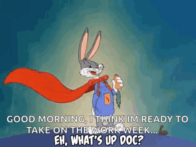bugs bunny from looney tunes is wearing a cape and holding a carrot in his hand .