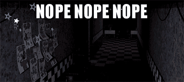 a dark room with a fox and the words nope nope nope on the bottom