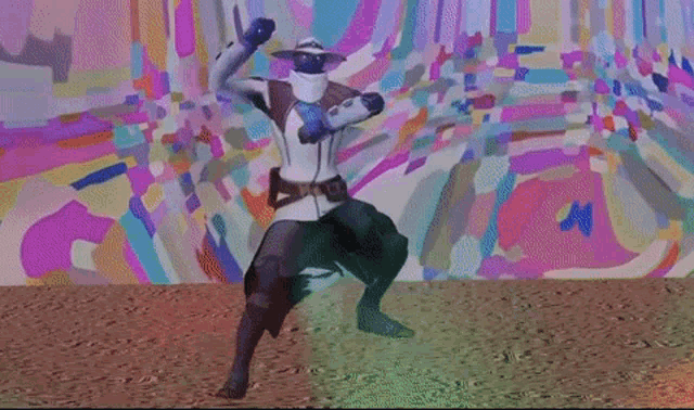 a video game character is dancing in front of a colorful background