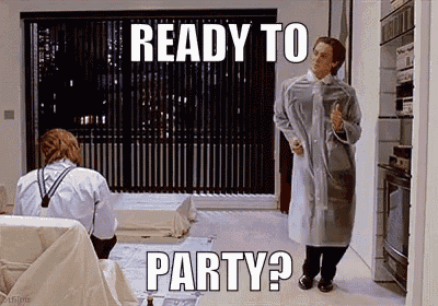 a man in a white coat is standing in a living room with a caption that says `` ready to party '' .