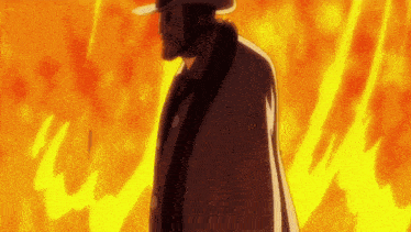 a man is standing in front of a fire with a yellow background