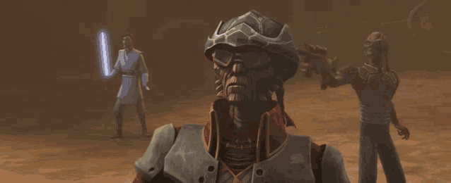 a man with glasses holds his hand to his face while another man holds a lightsaber in the background