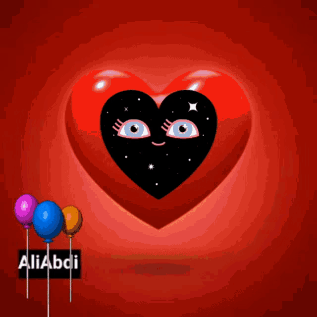 a red heart with a face on it is surrounded by balloons and a sign that says aliabidi